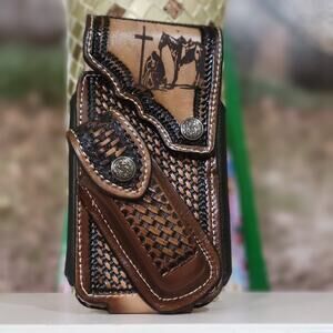 Praying Cowboy Western Leather Phone Holstor W Knife Sheath LARGE 7x4" Snap Clo